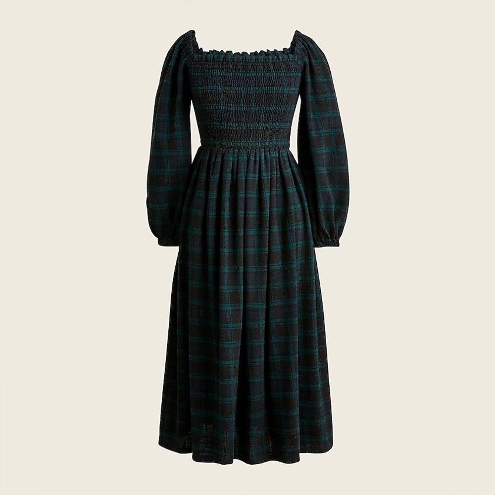 J. Crew Smocked puff-sleeve dress in Black Watch tartan flannel